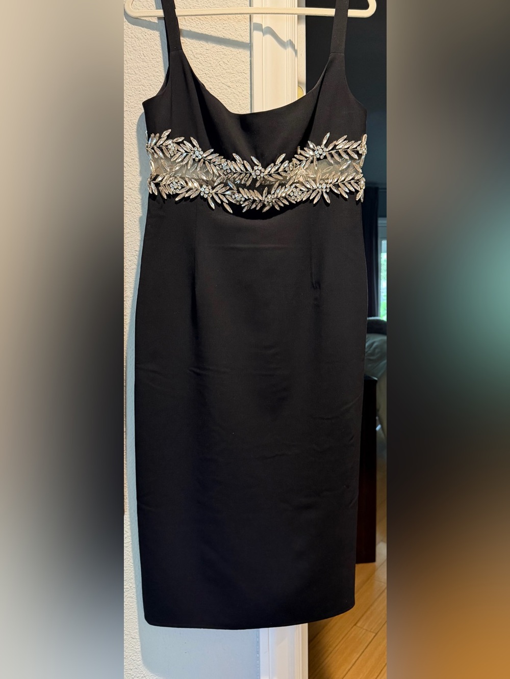 Oscar de la Renta Black cocktail dress with Crystal Leaf Embellishment .